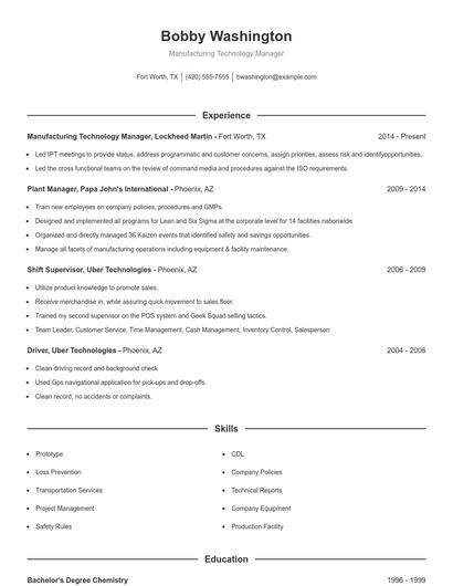 Manufacturing Technology Manager Resume