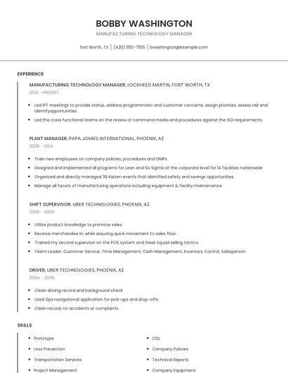 Manufacturing Technology Manager Resume