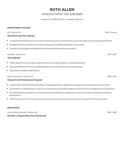 Manufacturing Test Engineer Resume