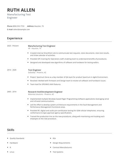 Manufacturing Test Engineer Resume