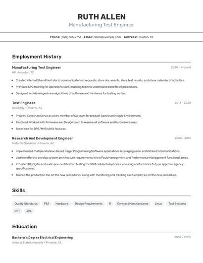 Manufacturing Test Engineer Resume