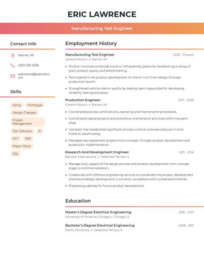Manufacturing Test Engineer Resume