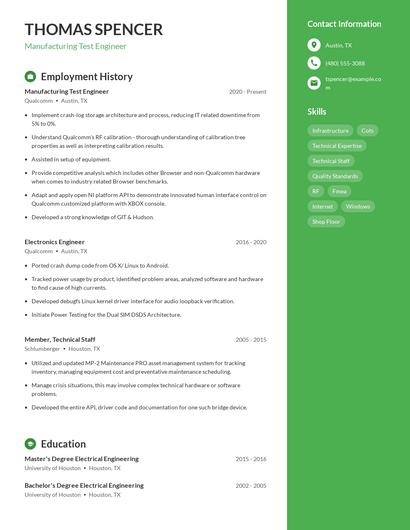 Manufacturing Test Engineer Resume