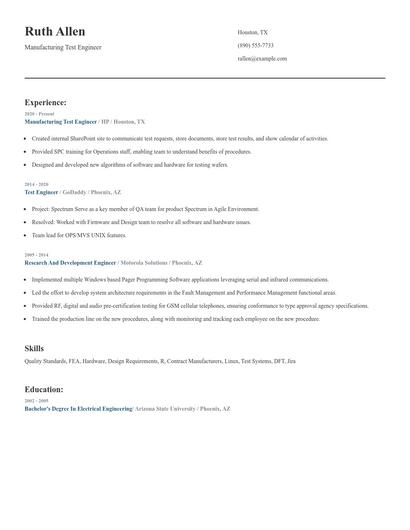 Manufacturing Test Engineer Resume