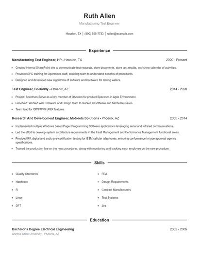 Manufacturing Test Engineer Resume