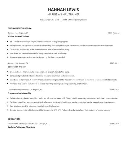 Marine Animal Trainer Resume