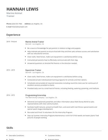 Marine Animal Trainer Resume