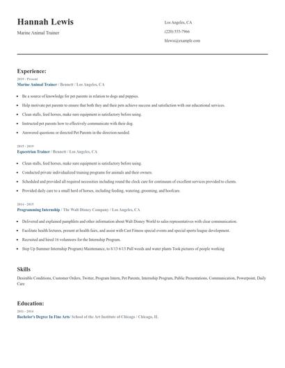 Marine Animal Trainer Resume