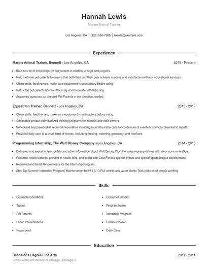 Marine Animal Trainer Resume