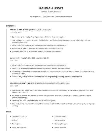 Marine Animal Trainer Resume