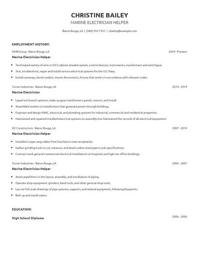 Marine Electrician Helper Resume