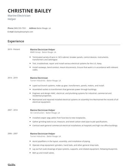 Marine Electrician Helper Resume