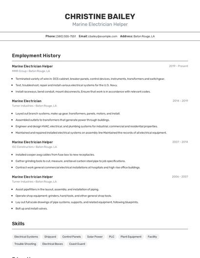 Marine Electrician Helper Resume