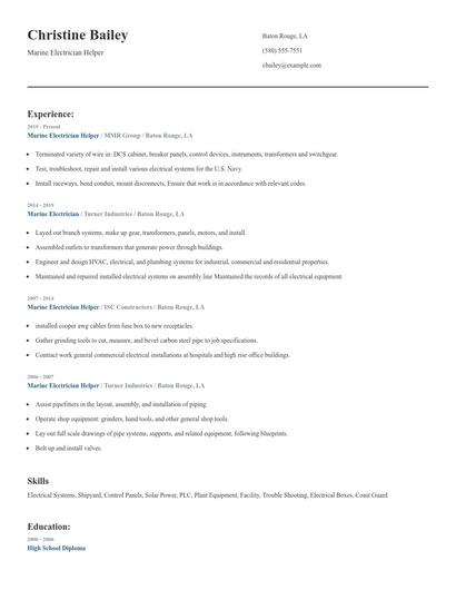 Marine Electrician Helper Resume