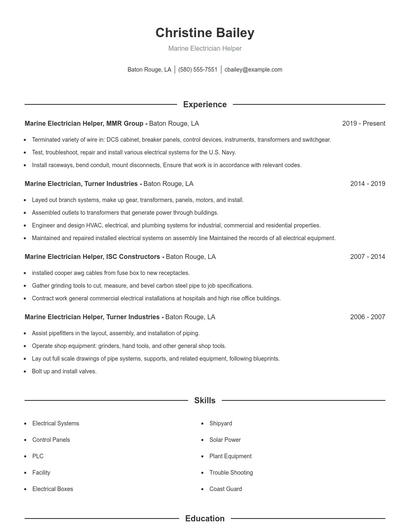 Marine Electrician Helper Resume