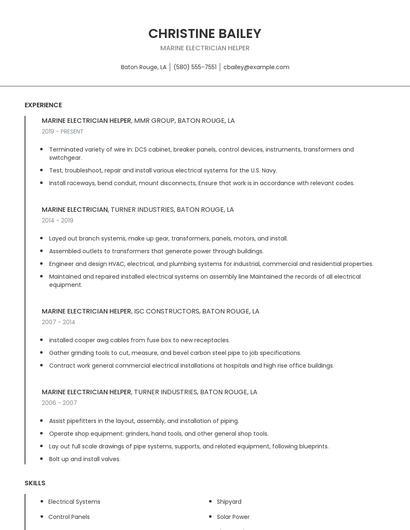 Marine Electrician Helper Resume