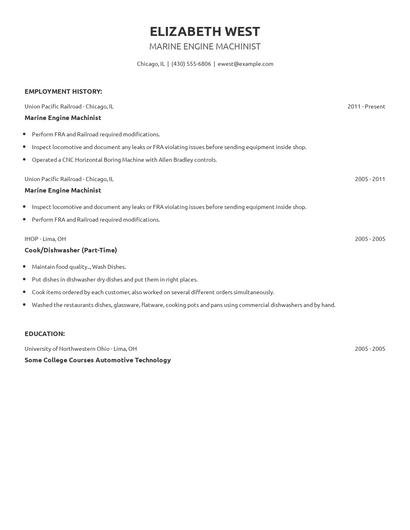 Marine Engine Machinist Resume