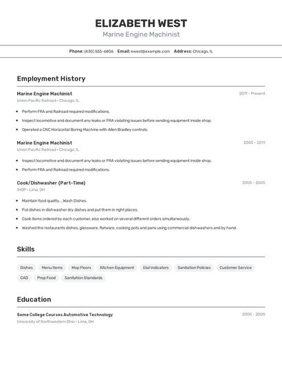 Marine Engine Machinist Resume