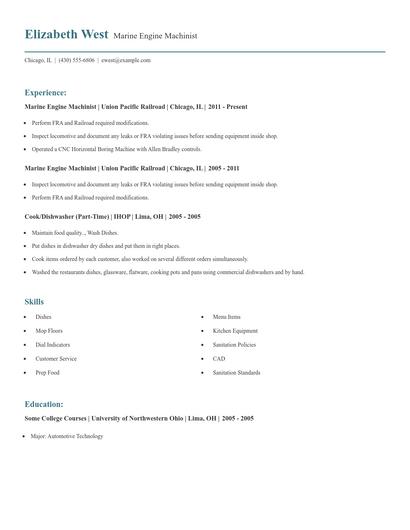 Marine Engine Machinist Resume