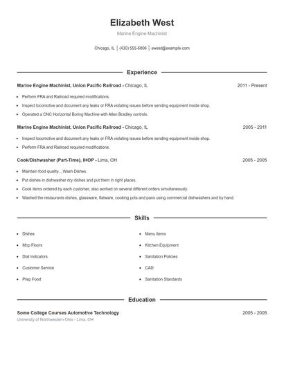 Marine Engine Machinist Resume