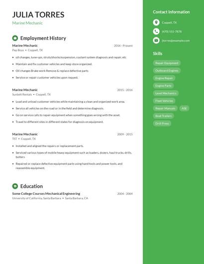 Marine Mechanic Resume
