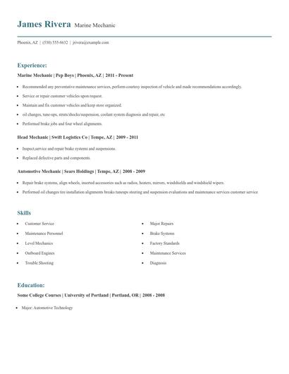 Marine Mechanic Resume