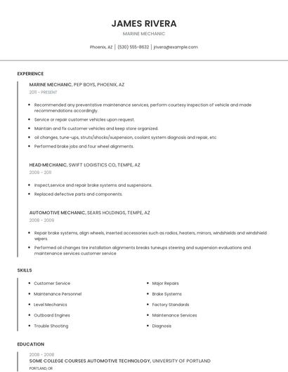 Marine Mechanic Resume