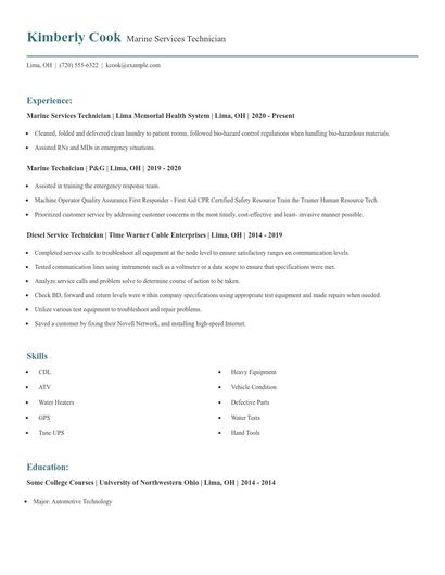 Marine Services Technician Resume