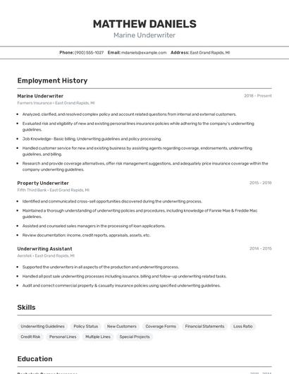 Marine Underwriter Resume