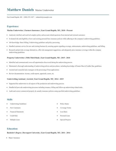 Marine Underwriter Resume