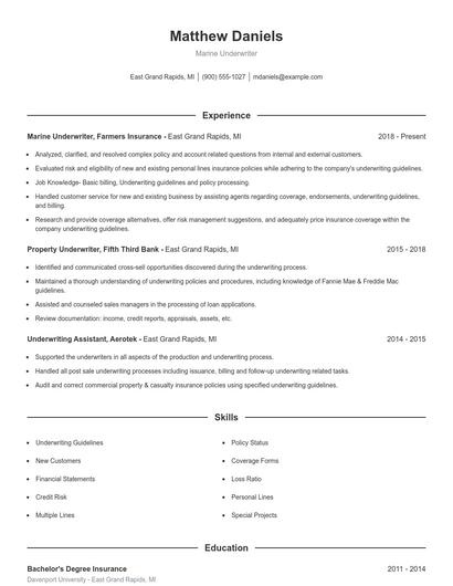 Marine Underwriter Resume