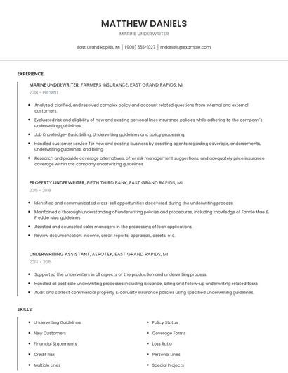 Marine Underwriter Resume