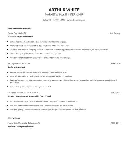 Market Analyst Internship Resume