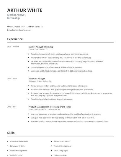 Market Analyst Internship Resume