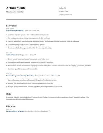 Market Analyst Internship Resume