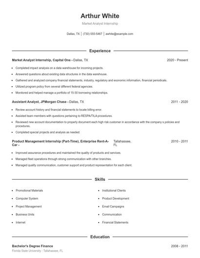 Market Analyst Internship Resume