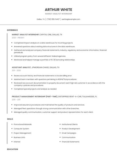 Market Analyst Internship Resume