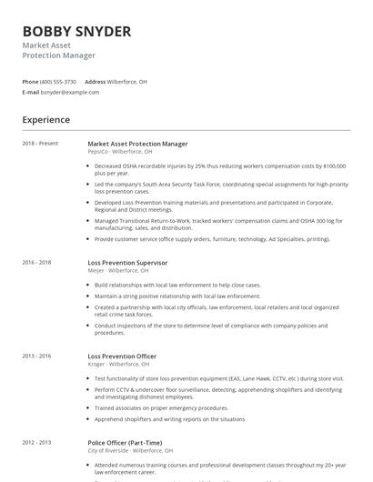 Market Asset Protection Manager Resume