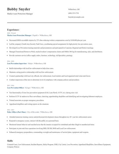 Market Asset Protection Manager Resume