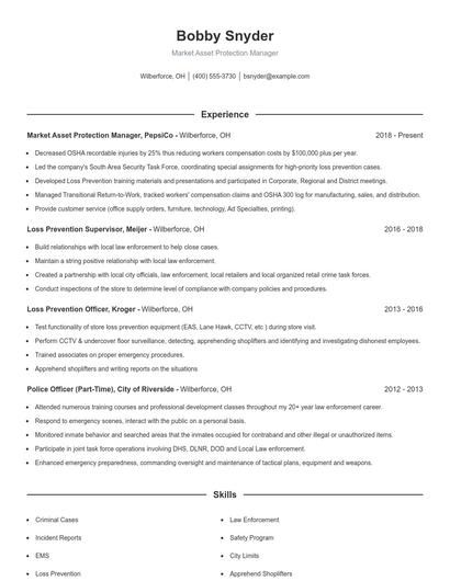 Market Asset Protection Manager Resume
