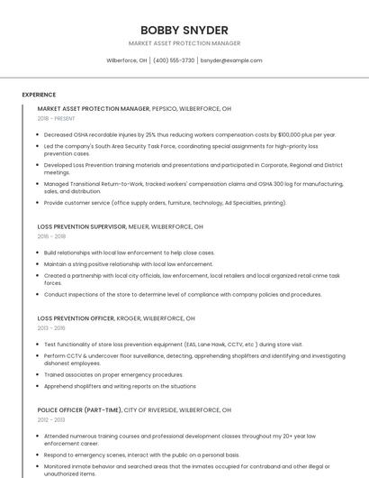 Market Asset Protection Manager Resume