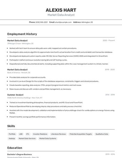 Market Data Analyst Resume