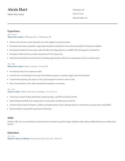 Market Data Analyst Resume