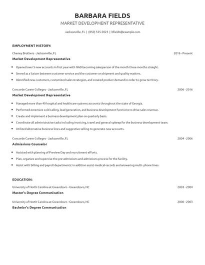 Market Development Representative Resume
