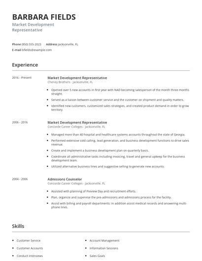 Market Development Representative Resume
