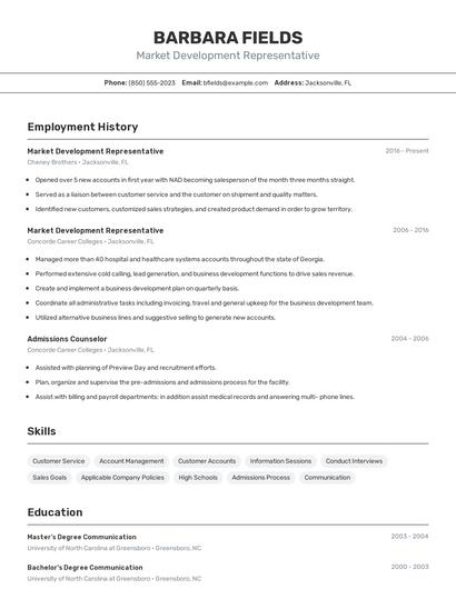 Market Development Representative Resume
