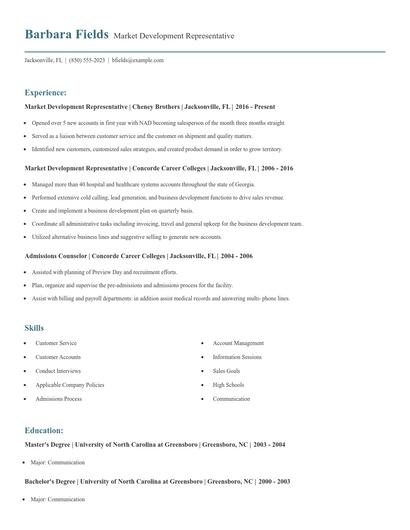 Market Development Representative Resume