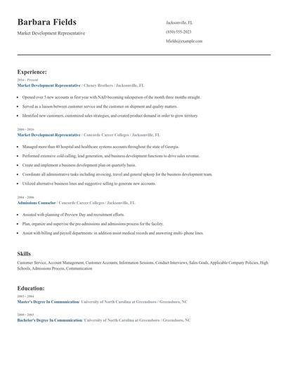 Market Development Representative Resume