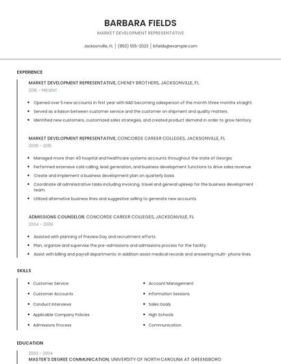 Market Development Representative Resume