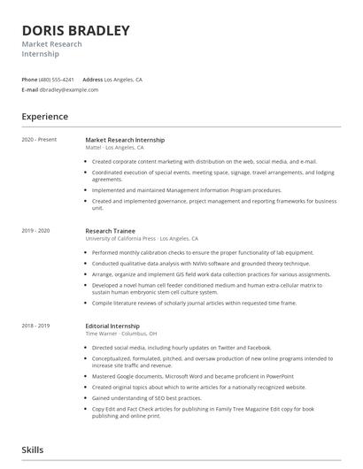 Market Research Internship Resume